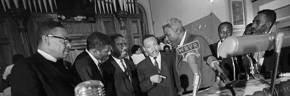 Jackie Robinson, to the right of Martin Luther King Jr., appeared at a rally in Birmingham, Alabama, in May 1963