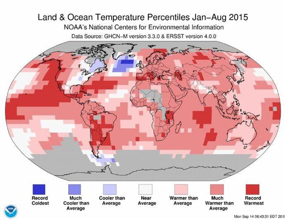 January-August 2015 Blended Land and Sea Surface Temperature Percentiles. (Photo: NOAA)