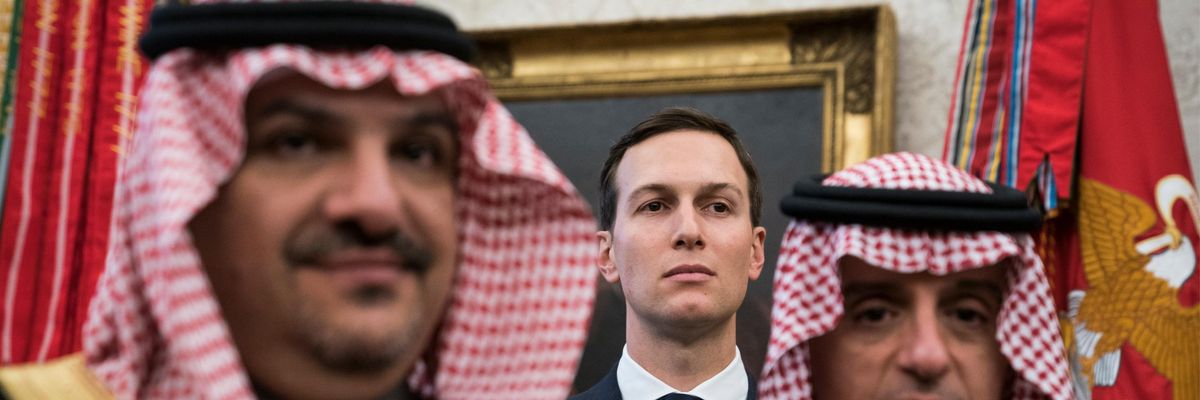 Jared Kushner stands with Saudi officials in the White House