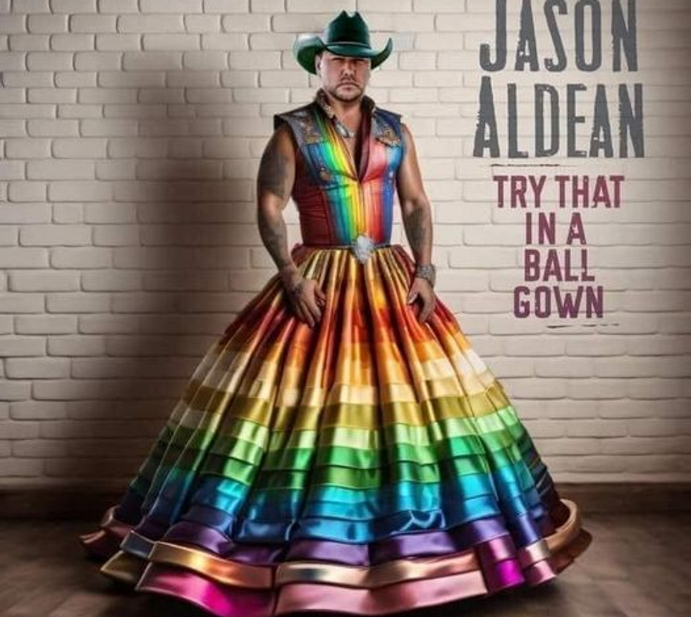 Jason Aldean in a rainbow colored ballgown