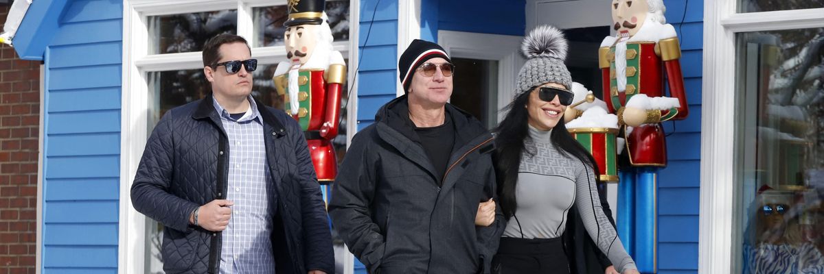 Jeff Bezos and Lauren Sanchez are seen leaving the White House Tavern on December 29, 2022 in Aspen, Colorado. 