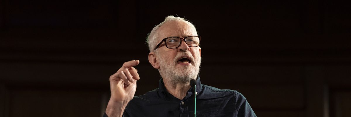 Jeremy Corbyn, a member of the U.K. Parliament, speaks at an event after a protest march against WikiLeaks founder Julian Assange's continued imprisonment on February 11, 2023 in London.