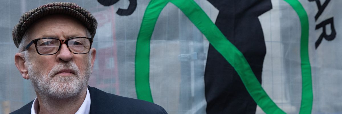 Jeremy Corbyn, a member of U.K. Parliament for Islington North, prepares to address anti-war demonstrators on February 25 2023 in London.