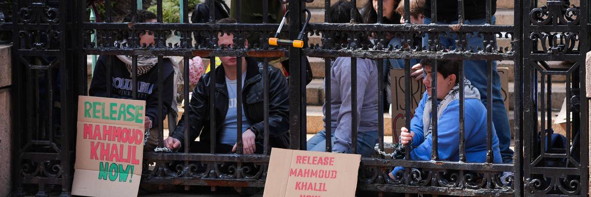 Jewish students chain themselves to the gates of Columbia University, demanding accountability from the university's trustees following the arrest of Mahmoud Khalil