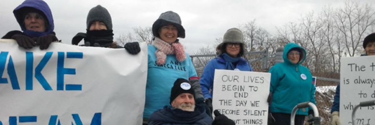 Jim Connor, 83, spent 2.5 hours blockading the gates at Crestwood Midstream along with former Tompkins County legislator Pam Mackesey (far left ) who marched with MLK, Jr. when she was 17.