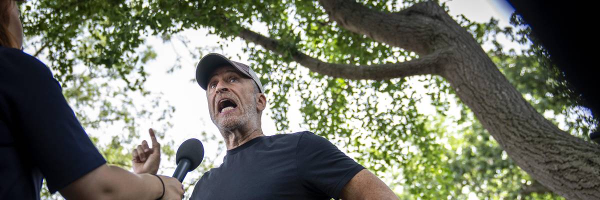Jon Stewart speaks to the press before a news conference about the Honoring Our Promise to Address Comprehensive Toxics Act on July 28, 2022 in Washington, D.C.