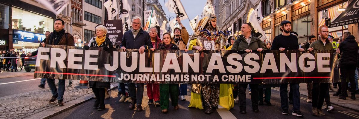 Julian Assange's wife Stella and supporters march during a protest calling for the WikiLeaks founder's release
