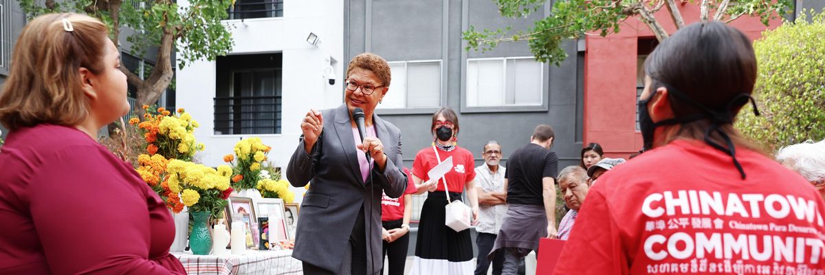 Karen Bass talking with voters about housing policy