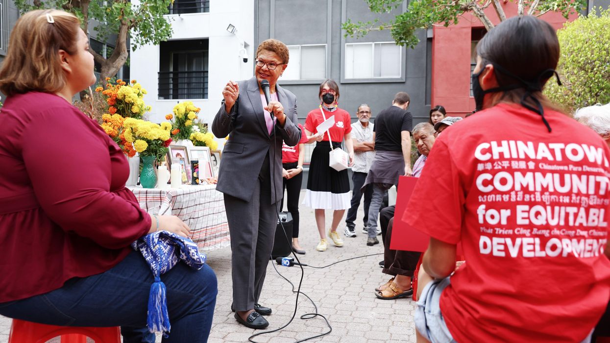 Karen Bass talking with voters about housing policy