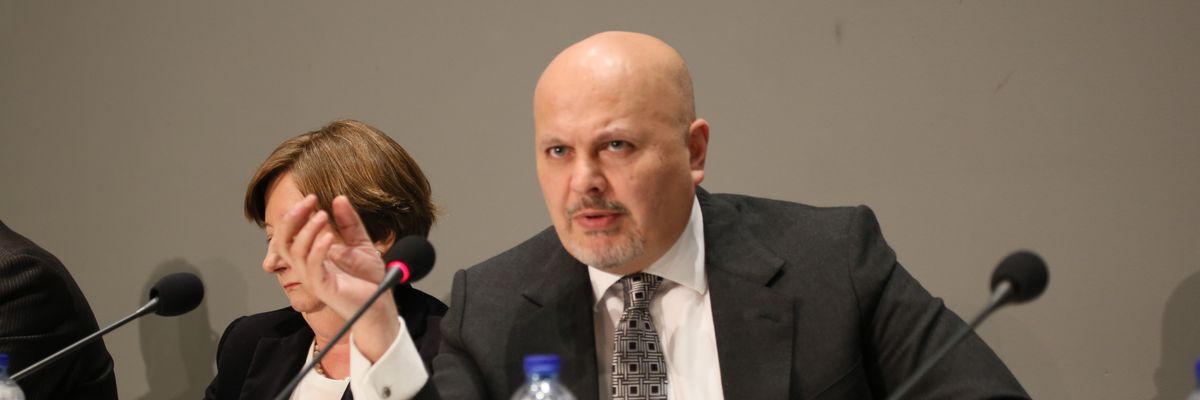 Karim Khan speaks on a panel.