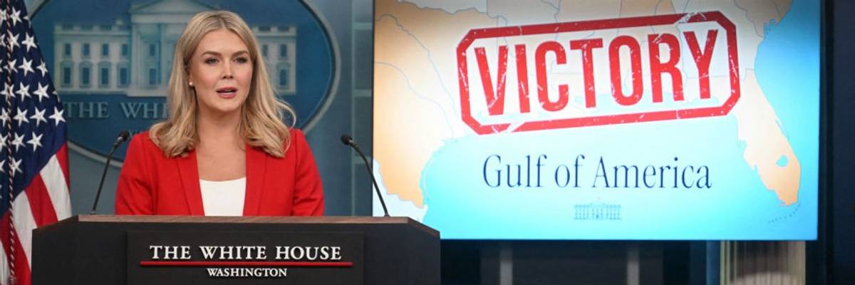 Karoline Leavitt in briefing with "Gulf of America" sign behind her.