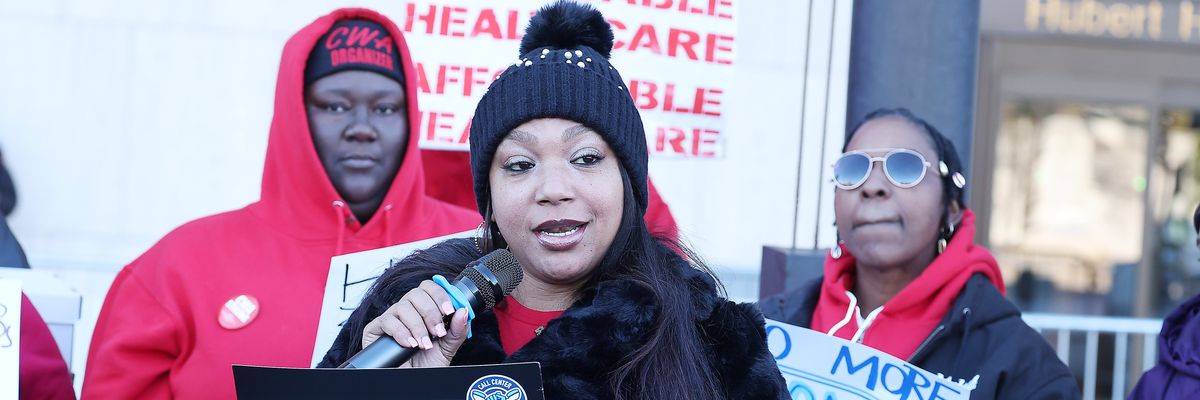 Katherine Charles at protest for Maximus workers.