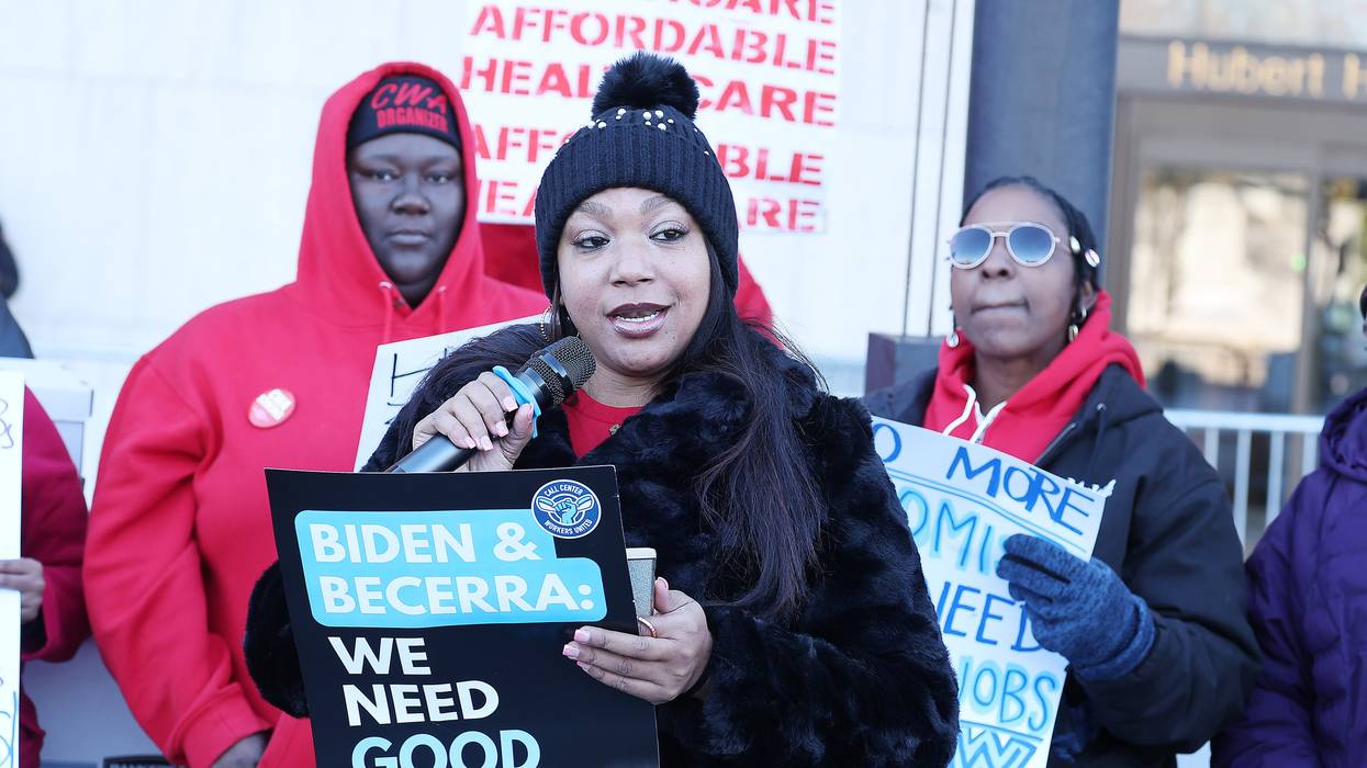 Katherine Charles at protest for Maximus workers.