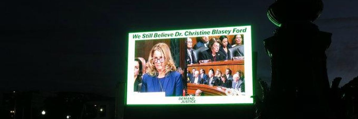 'We Won't Let Him Forget': Christine Blasey Ford Senate Testimony Plays on Big Screen Outside Kavanaugh Dinner