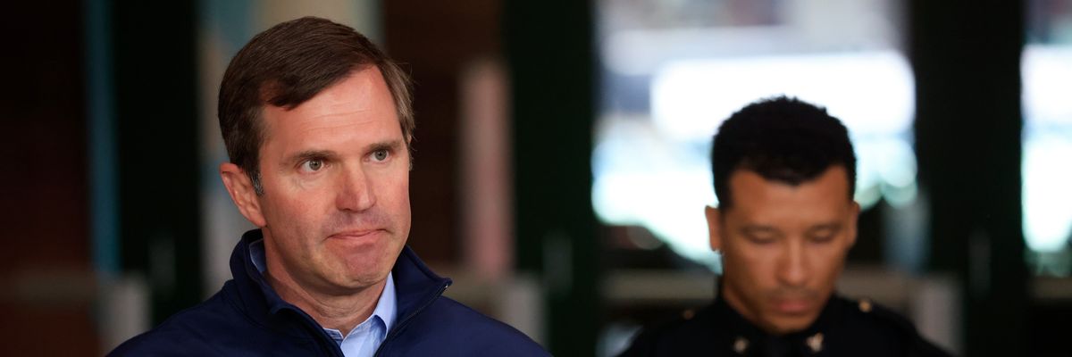 Kentucky Gov. Andy Beshear, a Democrat, speaks during a news conference after a gunman opened fire at Old National Bank in Louisville on April 10, 2023.