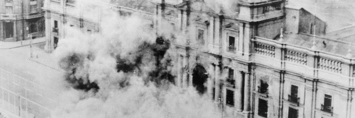 La Moneda, Chile's presidential palace in Santiago, is bombed by the nation's armed forces on September 11, 1973.