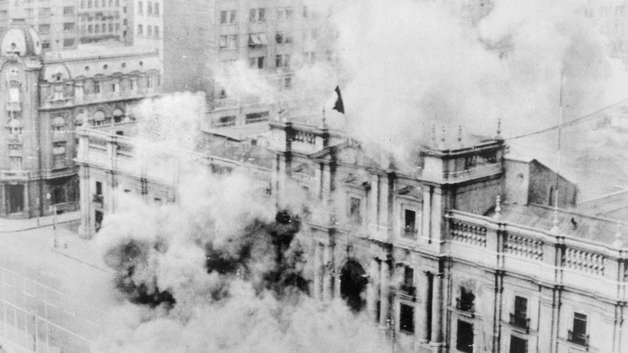 La Moneda, Chile's presidential palace in Santiago, is bombed by the nation's armed forces on September 11, 1973.