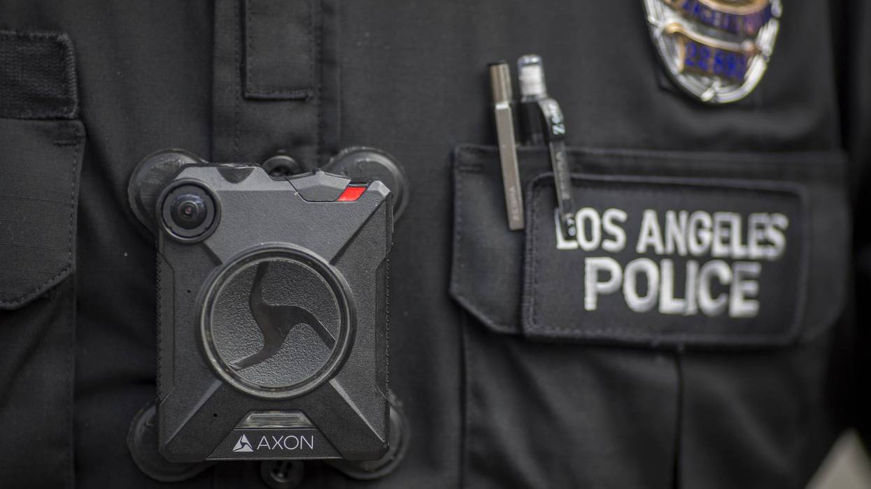 LAPD officer wears body camera.