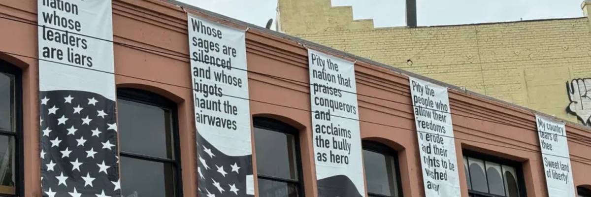 Lawrence Ferlinghetti protesting ICE fascism at City Lights