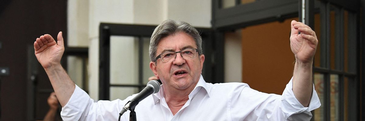Left-wing MP Jean-Luc Mélenchon, leader of the New Ecologic and Social People's Union, delivers a speech in Paris on June 19, 2022 after initial results came in during the second round of France's parliamentary elections.