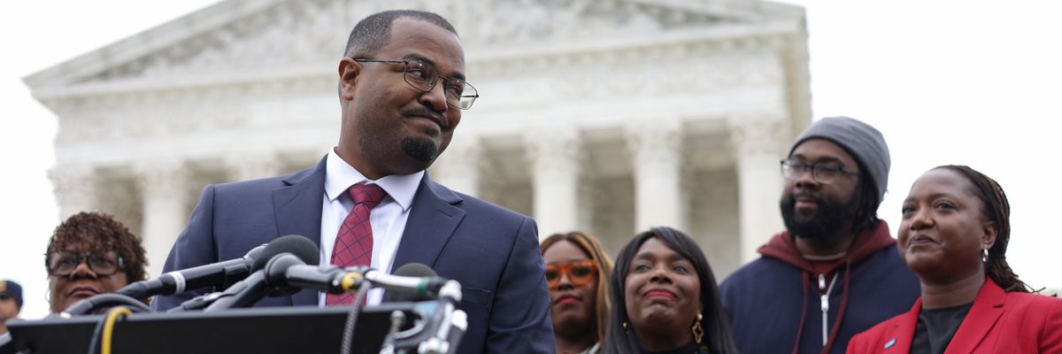 Legal Defense Fund attorney Deuel Ross speaks to journalists after oral arguments for Merrill v. Milligan—later Allen v. Milligan—at the U.S. Supreme Court in Washington, D.C. on October 4, 2022. 