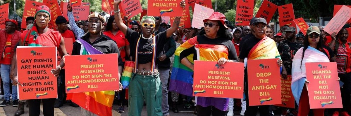 LGBTQ+ rights advocates in Uganda protest the country's so-called "Kill the Gays" legislation