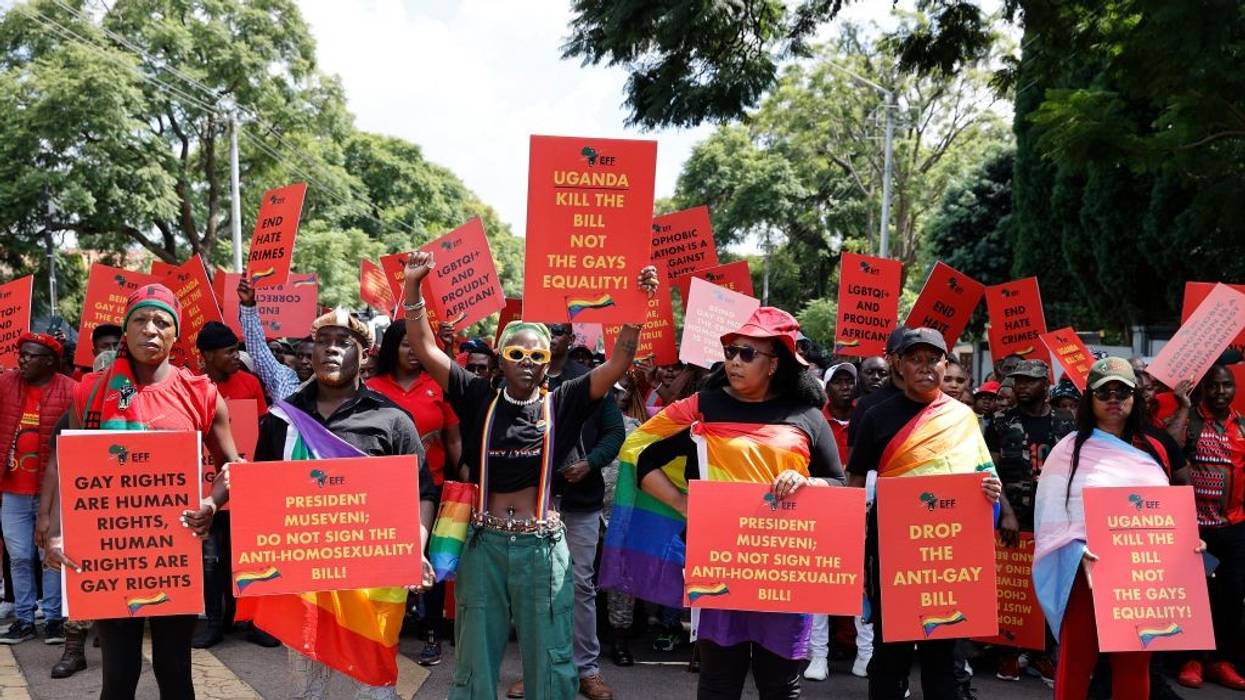 LGBTQ+ rights advocates in Uganda protest the country's so-called "Kill the Gays" legislation