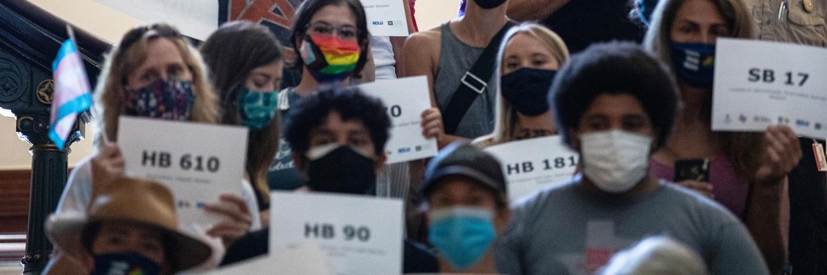 LGBTQ rights supporters rally at the Texas state capitol