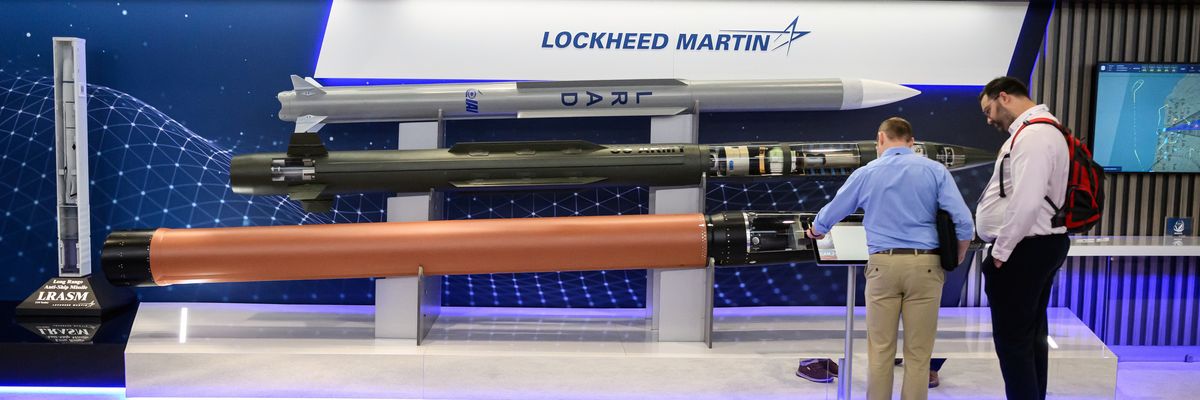 Lockheed Martin missile display at 2023 DSEI arms fair in London
