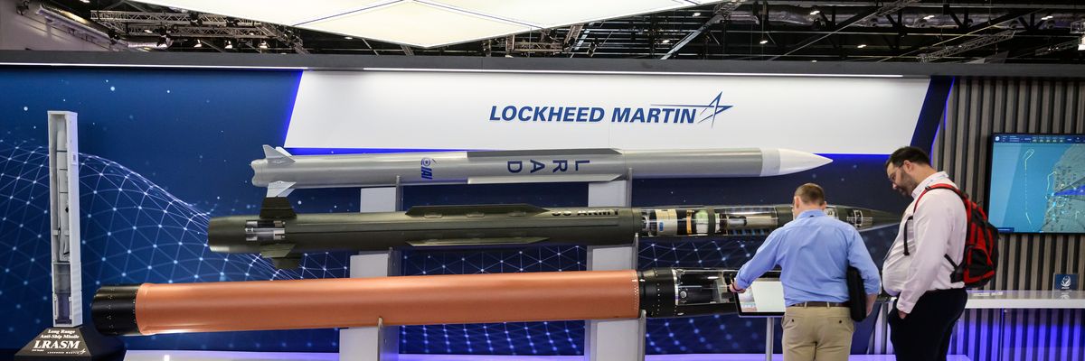 Lockheed Martin missile display at 2023 DSEI arms fair in London