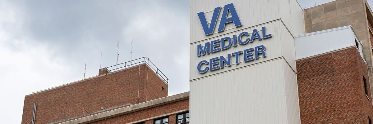 Logo of the V.A. Medical Center on a building