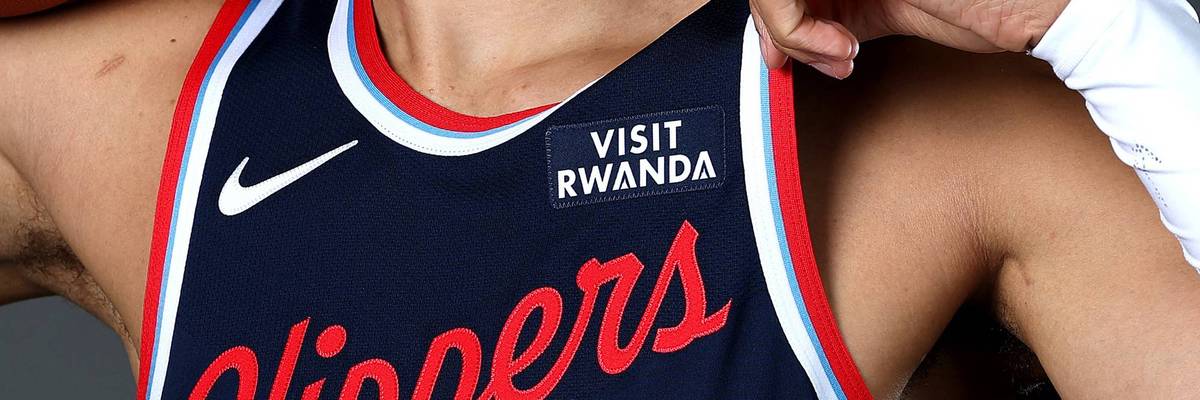 Los Angeles Clippers jersey with Visit Rwanda logo.