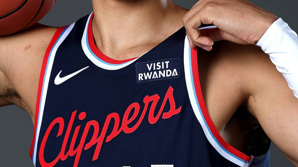 Los Angeles Clippers jersey with Visit Rwanda logo.