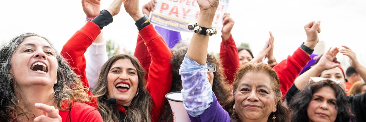 Los Angeles Unified School District join unionized support staff on the third day of a strike for higher pay and other improvements on March 23, 2023 in California.