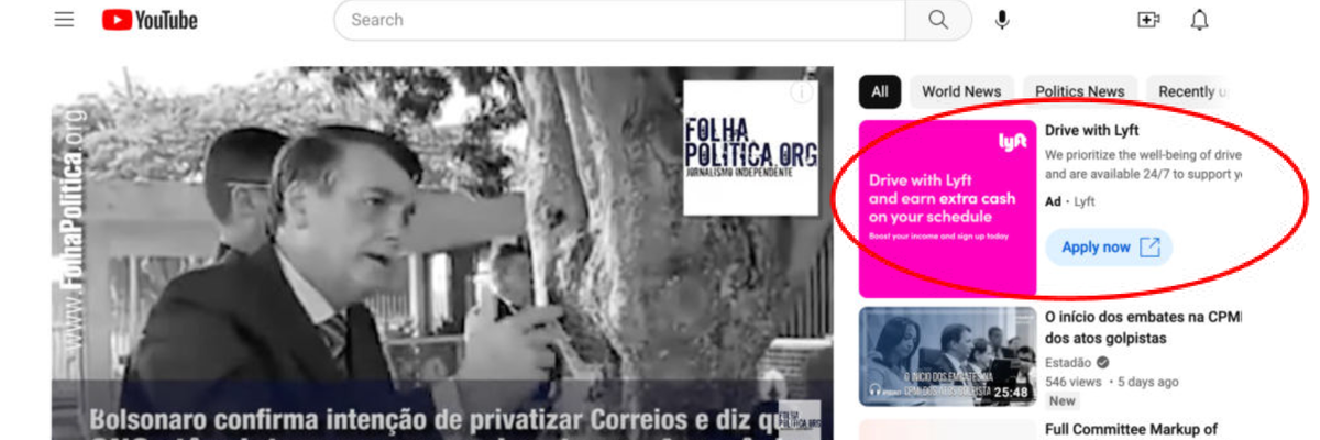 Lyft advertisement next to a disinformation video on YouTube