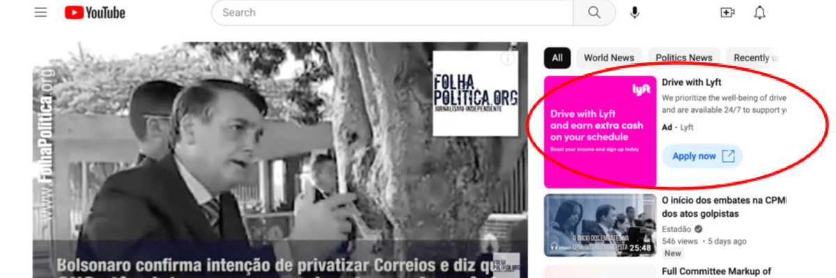 Lyft advertisement next to a disinformation video on YouTube