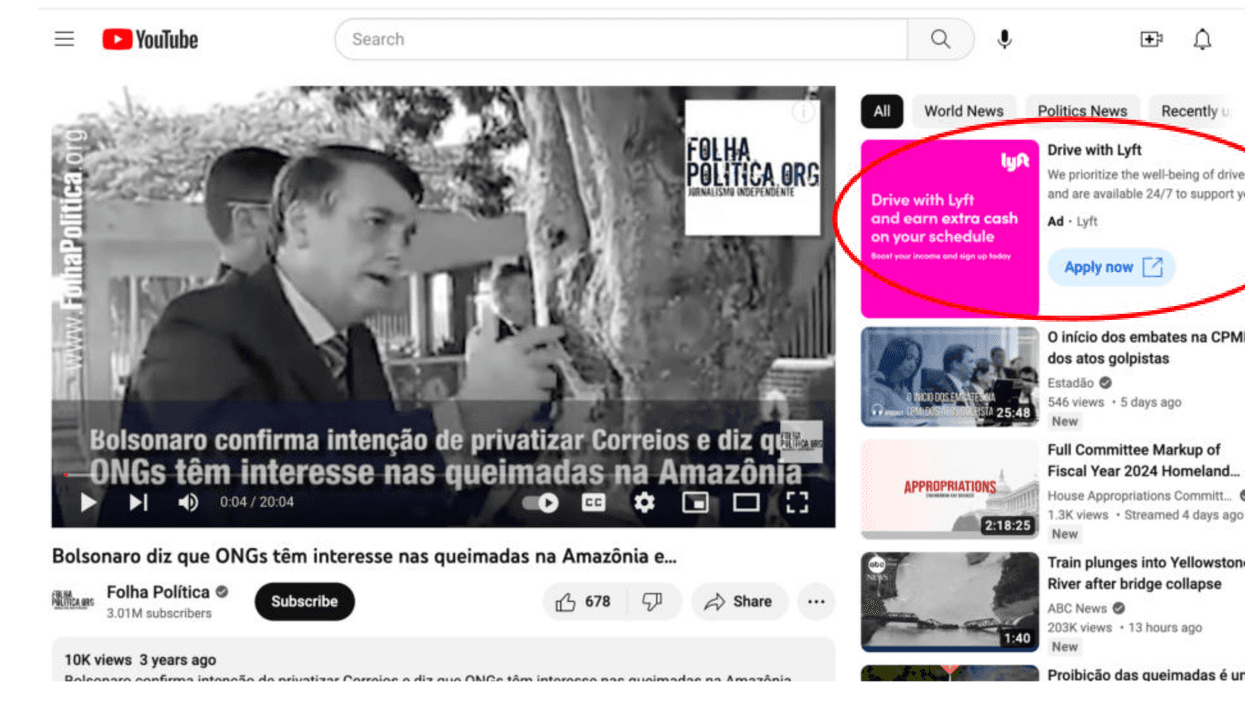 Lyft advertisement next to a disinformation video on YouTube