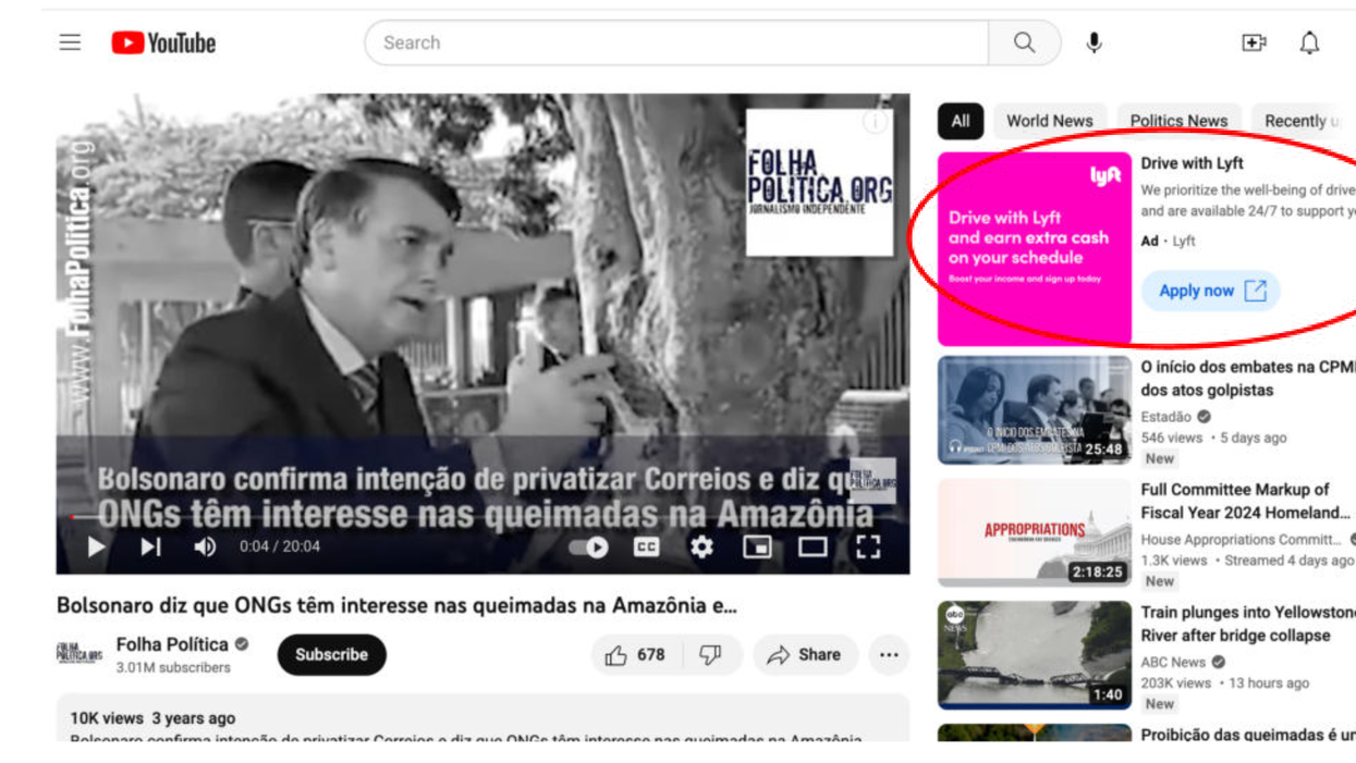 Lyft advertisement next to a disinformation video on YouTube