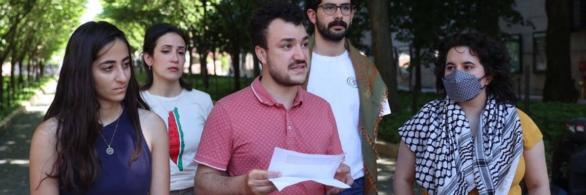 Mahmoud Khalil reads a statement