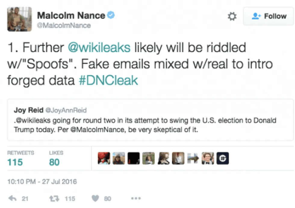 malcolm nance tweet on wikileaks emails being released in 2016