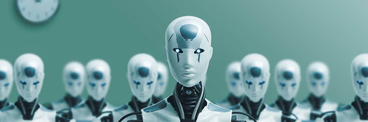 Many identical AI robots sit in an office and work with computers.