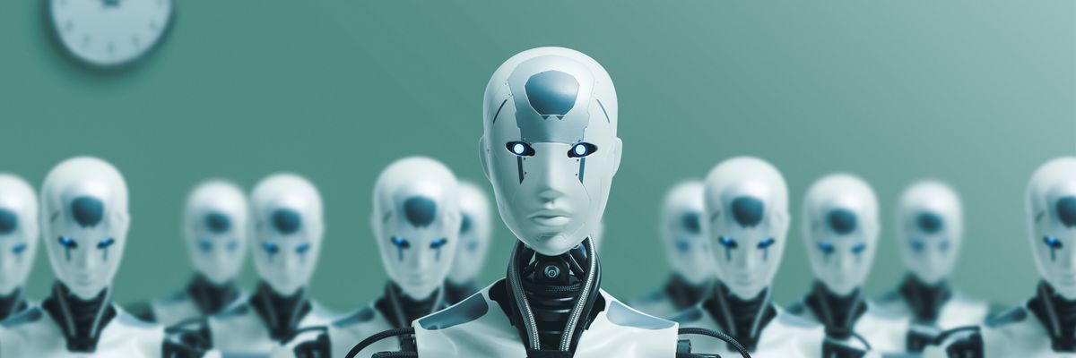 Many identical AI robots sit in an office and work with computers.