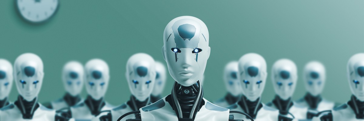 Many identical AI robots sit in an office and work with computers.