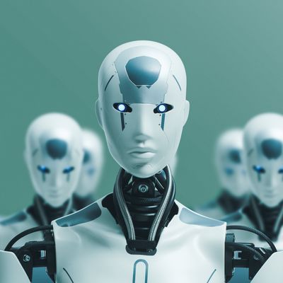 Many identical AI robots sit in an office and work with computers.