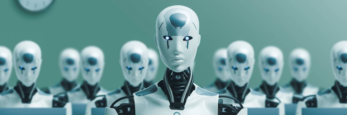 Many identical AI robots working with computers
