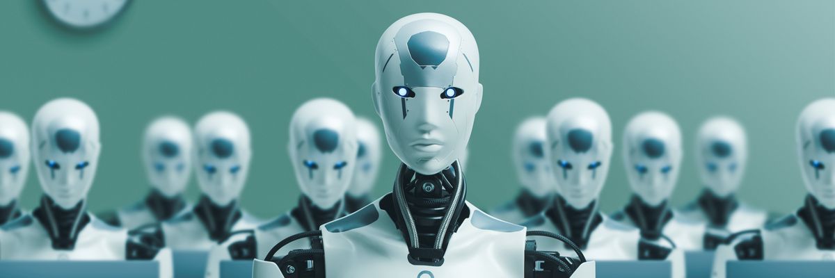 Many identical AI robots working with computers