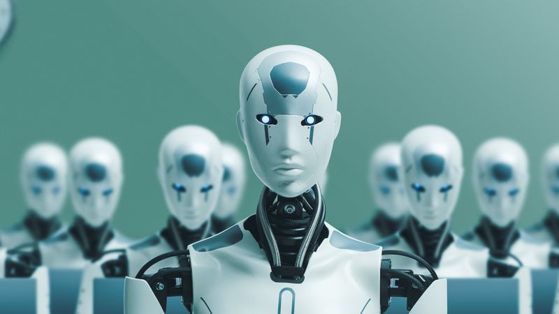 Many identical AI robots working with computers