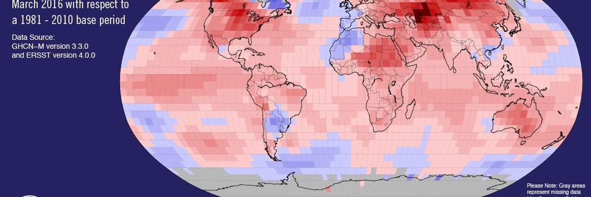 Map: Land and ocean temperature departure from average for March 2016