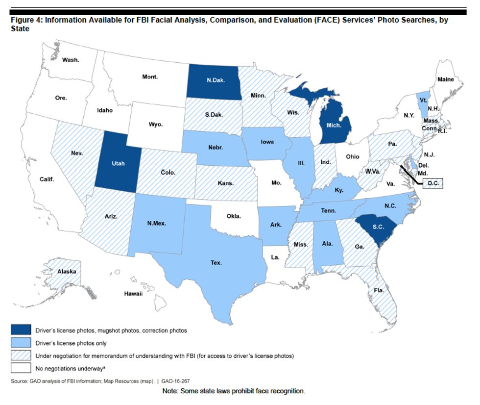 Map of States Allowing FBI Access to Drivers License Photo Databases