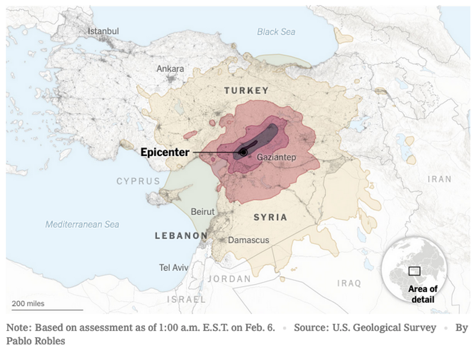 Map of Syria and Turkey where earthquake hit